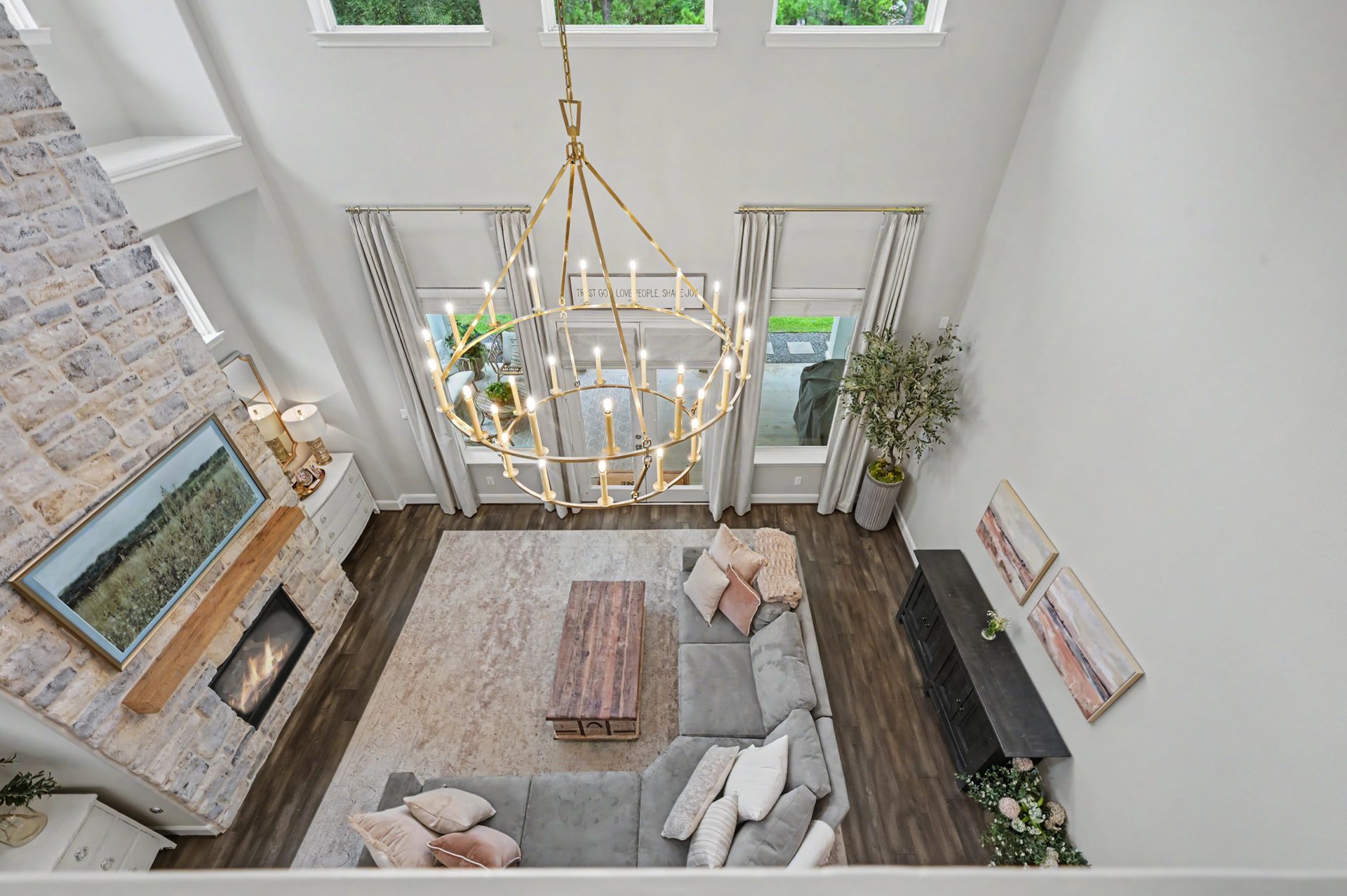 Remodeled stone fireplace and airy views from above