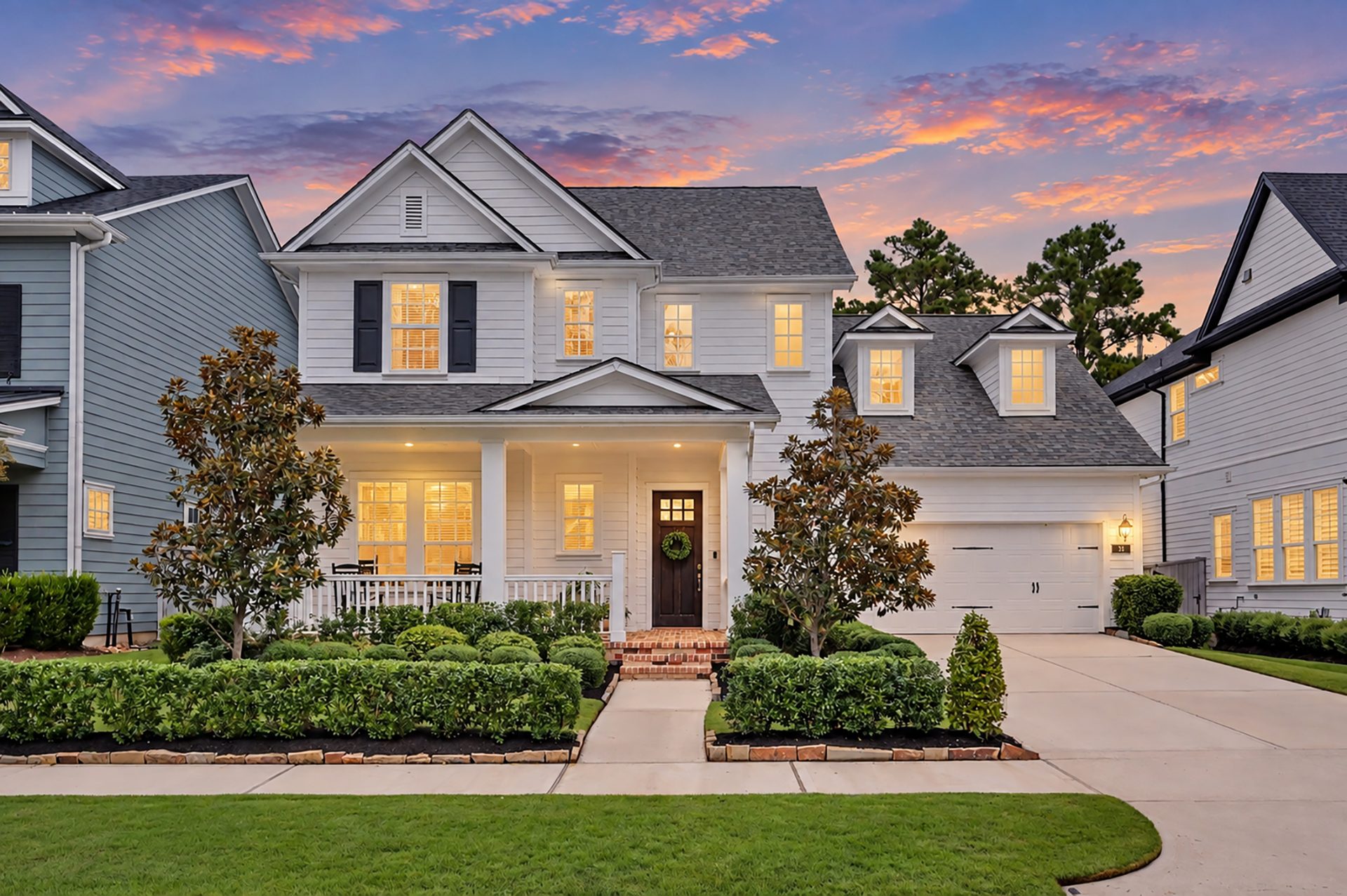 Front elevation of 35 West Sawyer Ridge Drive at twilight