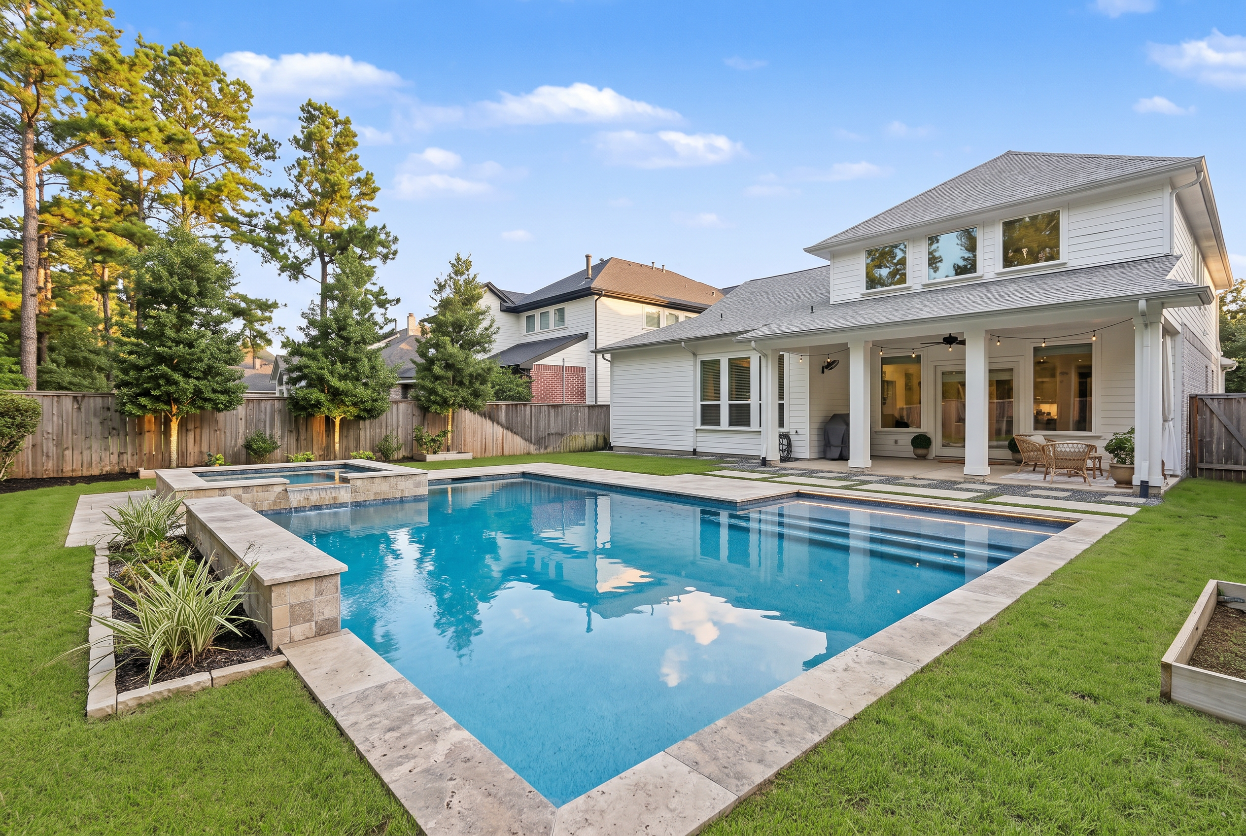 Rendering of the backyard with a swimming pool added to the fenced lawn