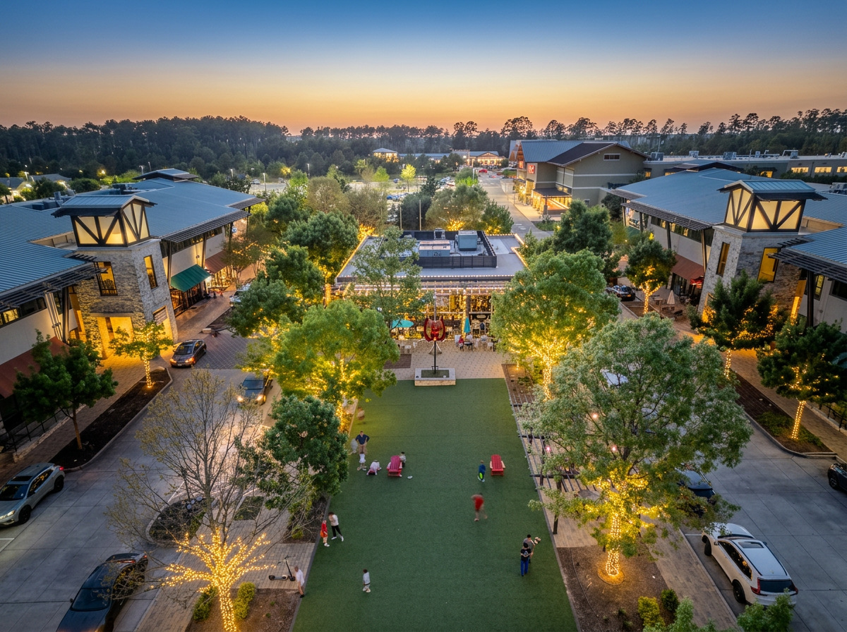The turfed gathering field at The Village Green surrounded by shops and restaurants