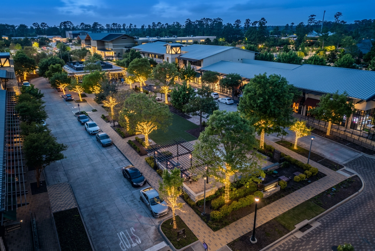 Aerial evening view of The Village Green in Creekside Park